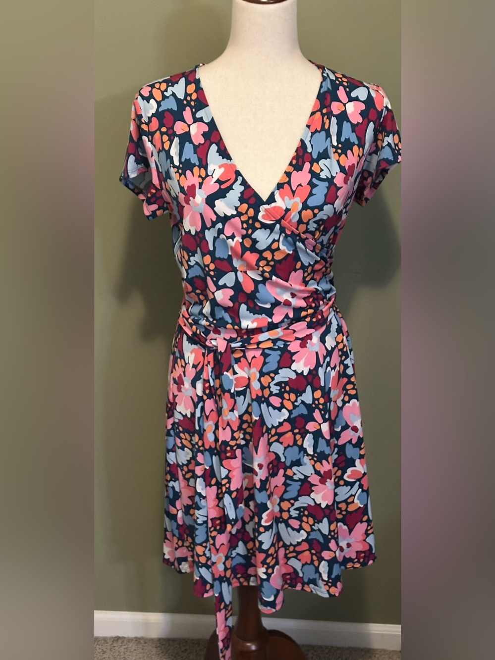 41 Hawthorn Navy Floral Midi Wrap Dress with Pink and Coral Accents